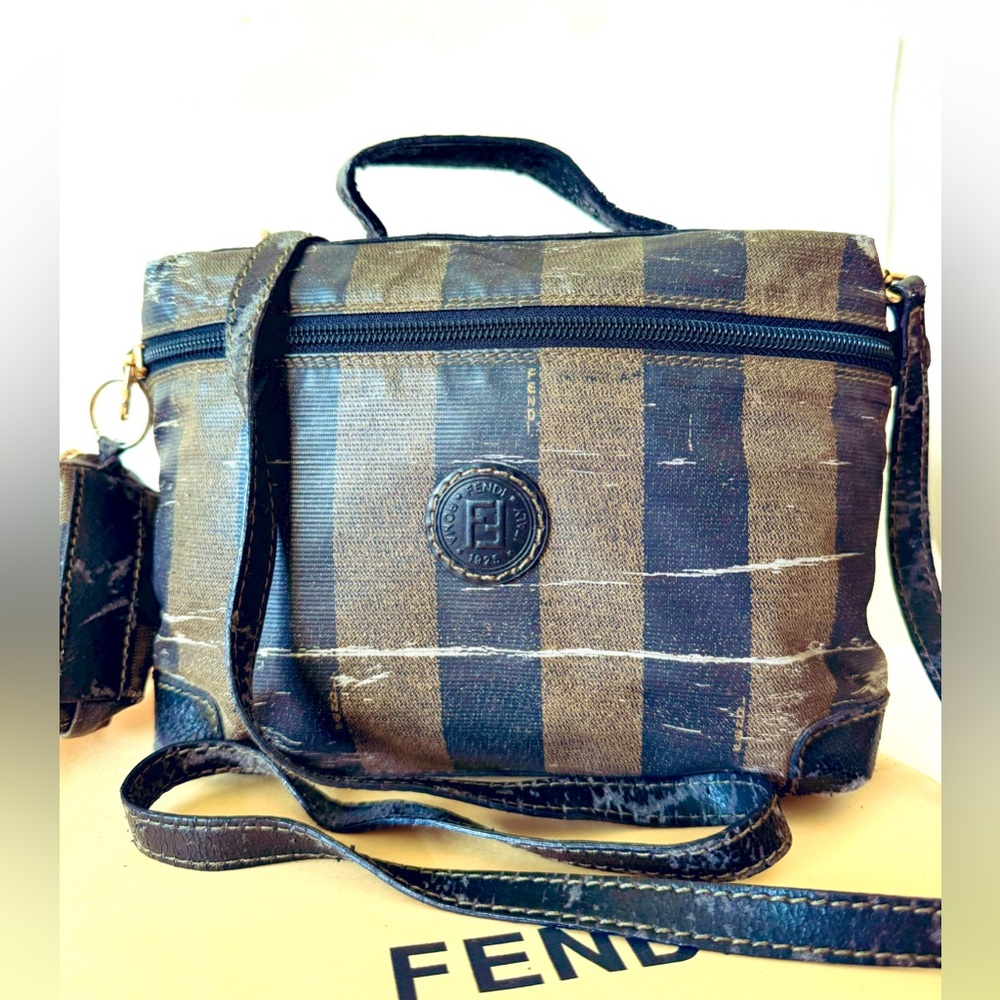 Authentic Fendi Pequin Pattern Nylon Crossbody Bag Made in Italy